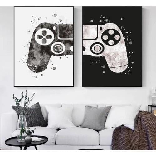 Kids game canvas paintings and posters, black white game illustration wall art picture joystick for home decoration