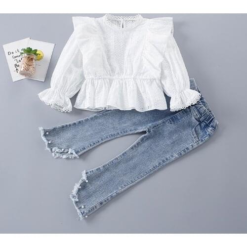 2-7 Years High Quality Spring Girl Clothing Set 2021 New Fashion Floral Solid Shirt + Pearl Jeans Kid Children Girls Clothing