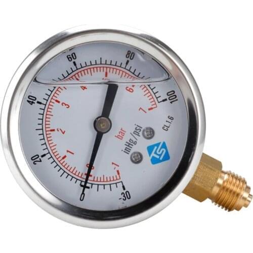Compound Pressure Vacuum Gauge Glycerine Filled -1/10Bar & -30*Hg 1/4 BSP Bottom