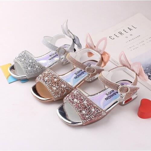 Fashion Princess Girls Shoes 2021 Summer New Sequined Bow Fish Head Rough with Sandals for Party Chic Sequins Flats Size 26-36