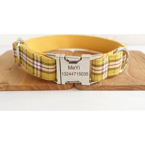 YELLOW PLAID Polyester Webbing Dog Collar with Laser Engraved Personalized Buckle Dropshipping Available
