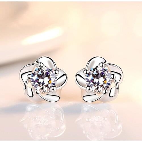 Dainty Female Natural White Crystal Earrings Real 925 Sterling Silver Wedding Earrings For Women Classic Flower Stud Earrings