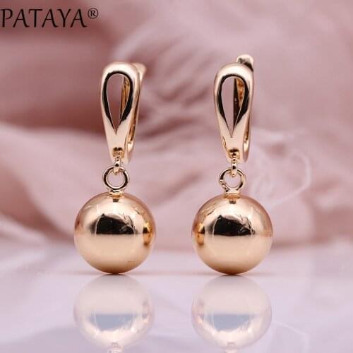 PATAYA New White Hollow Spherical Long Earrings Women Unique Fine Wedding Simple Fashion Jewelry 585 Rose Gold Dangle Earrings