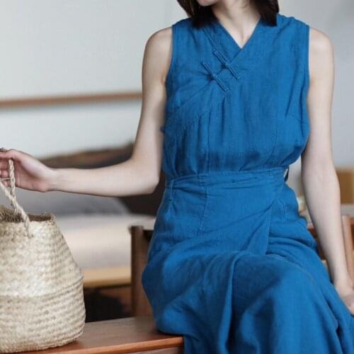 Tibetan dress wash old Linen Lace commuting solid dress robe womens sky blue 4107