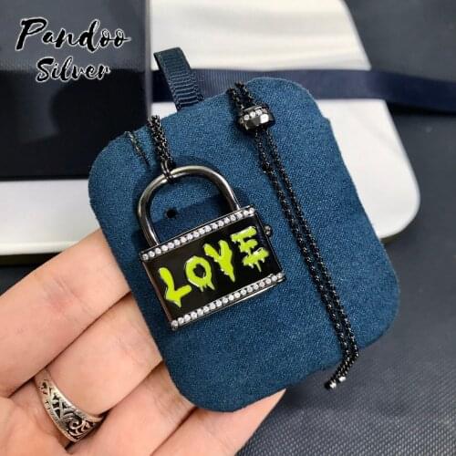 High Quality S925 Sterling Silver Jewelry 1:1 Copy,Dark Grey And Neon LOVE Lock Necklace For Women GiFT With Logo