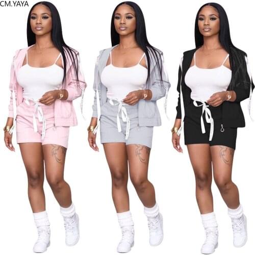 CM.YAYA Fashion Solid Womens Set Jacket Tank Tops Shorts Pants Jogger Suit Three Piece Set Tracksuit Fitness Sport Outfits