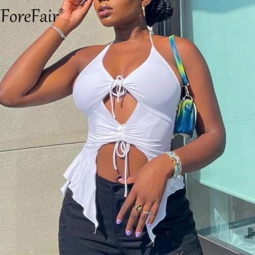 Forefair White Halter Neck Women Sexy Crop Top Bandage Cutout Off Shoulder Backless 2021 Fashion Casual Summer Y2k Tank Tops