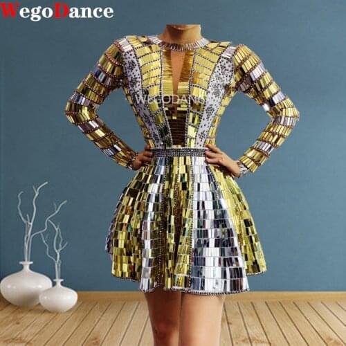 Women Singer Mirror Dress Stage Dance Wear Sparkly Silver Sequins Rhinestone Costume