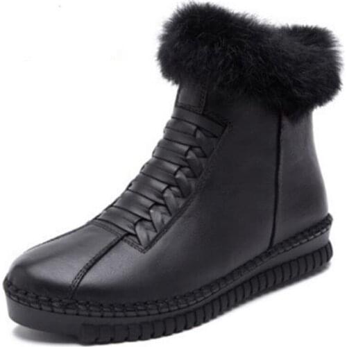 2020 Rabbit Fur Decoration Autumn Winter Boots Fashion Casual Genuine Leather Boots Womans Shoes Flat Large Size Women Boots