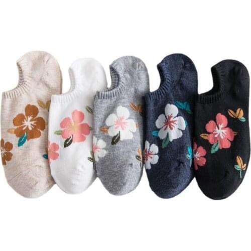 5 Pairs Pack Short Socks Floral Pattern Womens Set Cute Basic Style With Flower Female Invisible Ankle Sock Cotton Meias