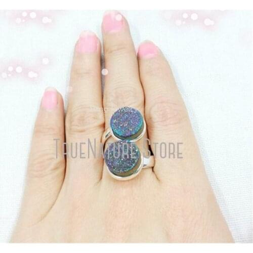 5Pcs RM13647 Titanium Jewelry Crystal Rings Copper Jewelry Titanium Rainbow Plated Silver Plated Crystal Coin Shape Ring