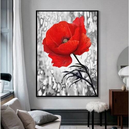 5D Round Diamond Painting Black and White Red Poppy Full Square Flowers Embroidery Mosaic Cross Stitch Handmade Gift