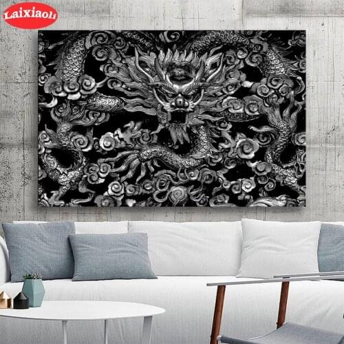 Diamond Painting Black and white art, Long Tengyun Full Drill Square DIY Diamond Embroidery Cross Stitch Mosaic round Home Decor