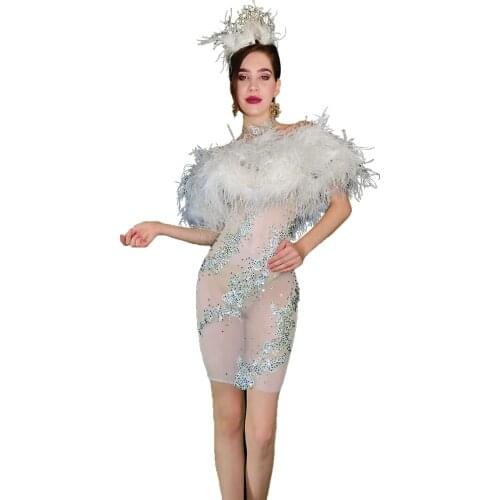 White Mesh Perspective Rhinestone Dress Women Off Shoulder Sexy Evening Party Feathers Dress Singer Transparent Bodycon Dress