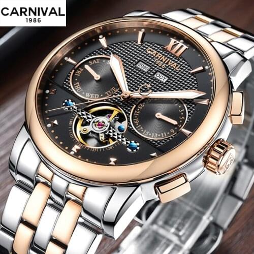 CARNIVAL Mens Self-Wind Tourbillon Mechanical Watches Water Resistant Automatic Skeleton Watch Men Relojes Relogio Masculino