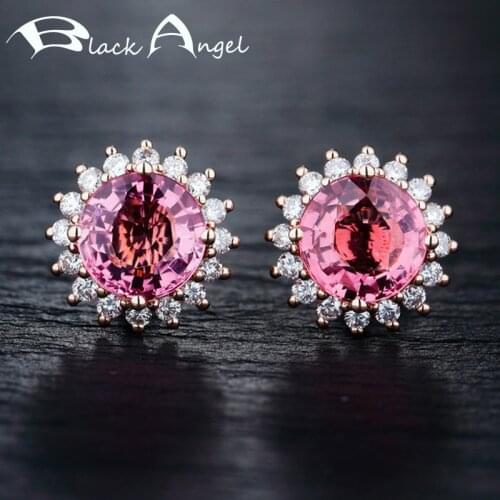 BLACK ANGEL 7MM 925 Sterling Silver Round Luxury Pink Tourmaline Gemstone Stud Earrings for Women Fashion Jewelry Christmas Gift