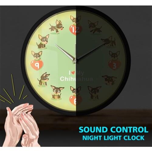 Chihuahua Wall Clock with LED Illumination Cute Chi-chi Chihuahueno Voice Control Watch Cartoon Dog Night Light