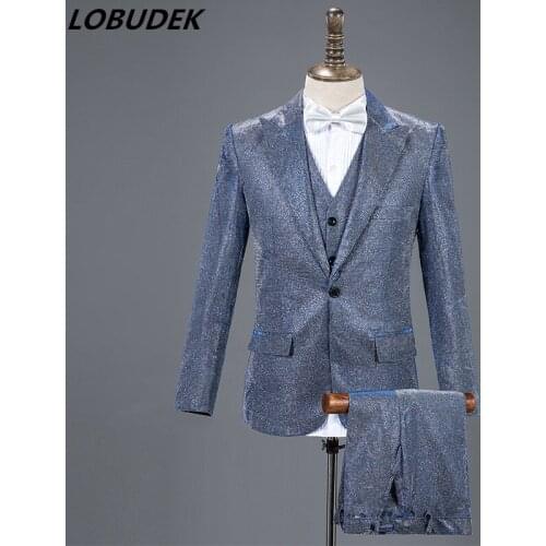 Blue Gray Purple Formal Mens Suits Flash powder Blazers Vest Pants 3 Piece Sets Wedding Groom Outfit Host Stage Show Costumes