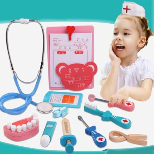 Kids Wooden Toys Funny Play Real Life Cosplay Doctor Game Toy Dentist Medicine Box Pretend Doctor Play Set For Children Boy Girl