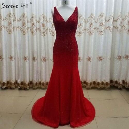 Dubai Red V-Neck Crystal Beading Evening Dresses Sleeveless Sexy Luxury Sparkle Evening Gowns Serene Hill LA6581