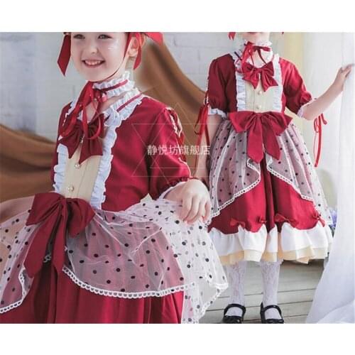 French Vintage Palace Style Sweet Lolita Bow Dot Printed Maid Princess Dress Summer Kawaii girls Red Short Sleeve OP Dress B819