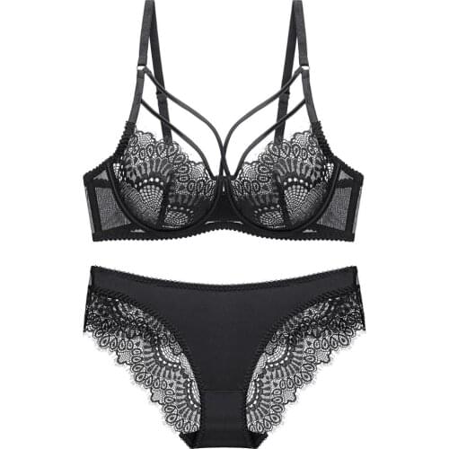 Honviey Ultra Thin Non-sponge Transparent Bra Set Trangle Cup Eyelashes Lace Perspective Gathered Bra Large Size Underwear