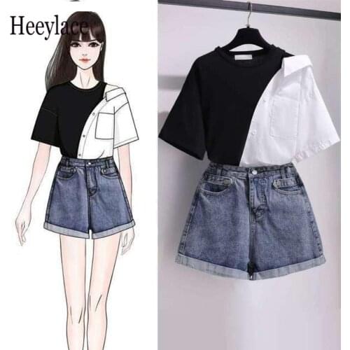 Korean 2 Piece Set Women Tops And Shorts Set Off-shoulder Blouse Summer 2 Piece Outfits Korean Style Clothes Cute Girl Suit 2PCS