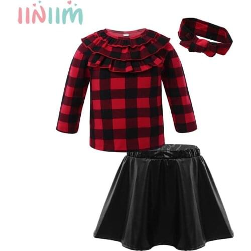 Baby Girls Winter Clothes Set Christmas Outfits Kids Girls Plaid Sweater Top Leather Skirt Girl Clothing Set Children Costume