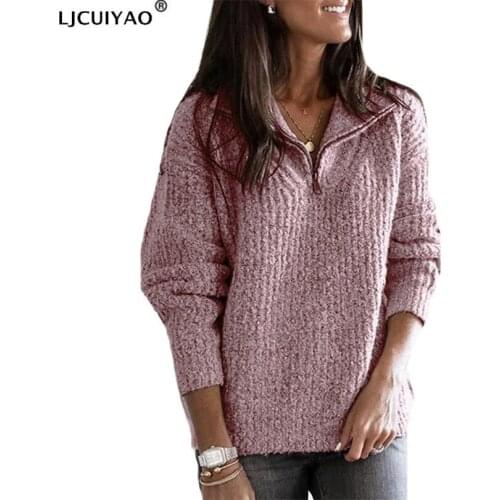 LJCUIYAO Zipper Half Turtleneck Pullovers Women Sweater Long Sleeve Elastic Knitted Femme Solid Spring Jumper High Quality Tops