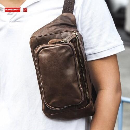 Retro New Mens Waist Bag First Layer Cowhide Multi-Compartment Mens Chest Bag Soft Leather Sports Back pack Leather Phone Bags