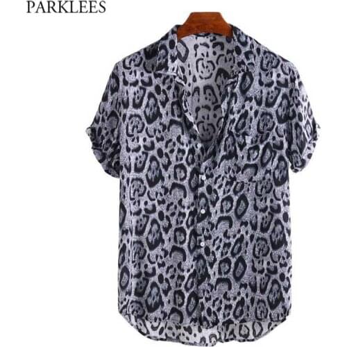 Mens Leopard Pirnt Shirt Disco Casual Button Down Short Sleeve Hawaiian Shirt Men Tropical Aloha Sexy Beach Wear Chemise Homme