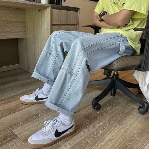 Washed Stitching Jeans Straight Wide-leg Cropped Trousers Casual Plus Size Hiphop Loose Denim Pants Four Seasons Streetwear