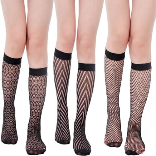 Sexy Women Long Socks Lace Jacquard Knee High Stockings Black White Ladies Hollow out Mesh Fishnet Stocking Summer Fishnet Socks