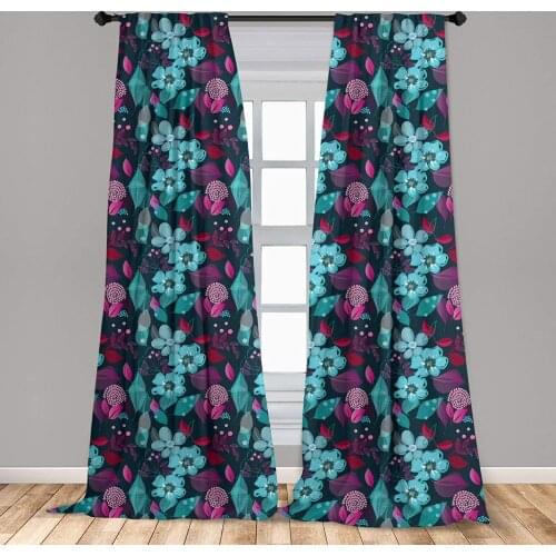 Teal Magenta Flower Window Curtains Flow of Pale Blue Blossoms and Colorful Leaves Romantic Lightweight Decorative