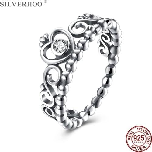 SILVERHOO Sterling Silver 925 Rings For Women Heart Crown Zircon Hollow Carved Design Finger Ring Hot Sale Fine Jewelry Gift