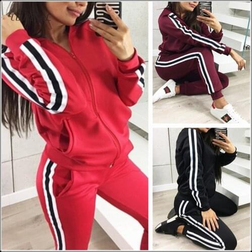 Spring Casual Side Striped Sport Sets For Women Long Sleeve Zipper Sweatshirt Elastic Waist Pencil Sweatpants Fitness 2 Pcs Sets