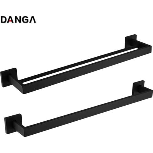 Black Wall Mounted Black Towel Rack Stainless Steel Bars Simple Square Design Towel Holder Bathroom Accessories