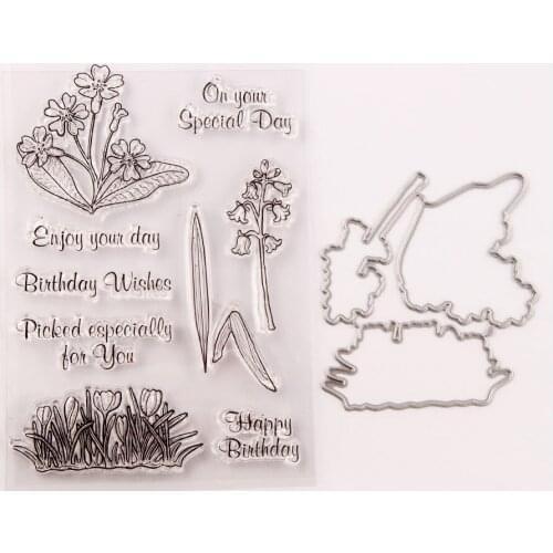 WYSE Happy Birthday Stamp and Dies set Flower Clear Stamp with Metal Cutting Dies for DIY Scrapbooking Paper Card Making
