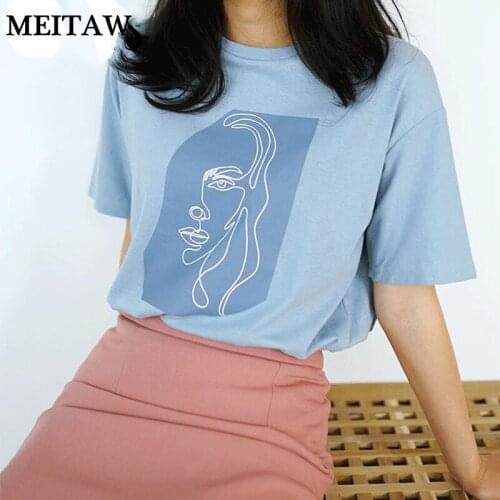 Women White Tee Shirt Casual O-Neck Short Sleeve Cotton Tee Summer Korean Loose Tops 2020 Harajuku Abstract Print T-shirts