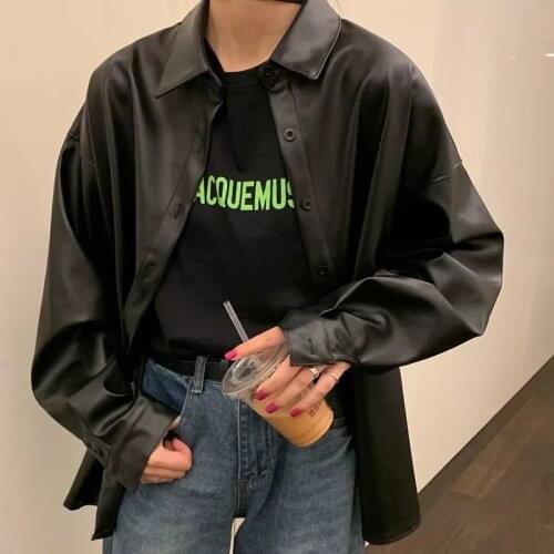 Zoki Pu Leather Women Shirt All Match Jacket Autumn Slim Black Outwear Fit Tops Moto Biker Jacket Fashion Street Wear New 2021