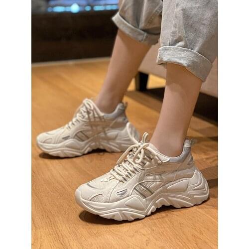 Womens sports shoes tide 2021 new style spring and autumn British style mesh breathable thick sole lace-up casual shoes