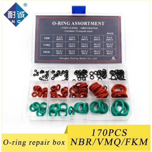 170pcs Mixed Red Silicon Green FKM NBR O Ring Silicone Rubber O-ring Set Seal 15Sizes Gasket Ring Assortment Set Kit Box O Ring