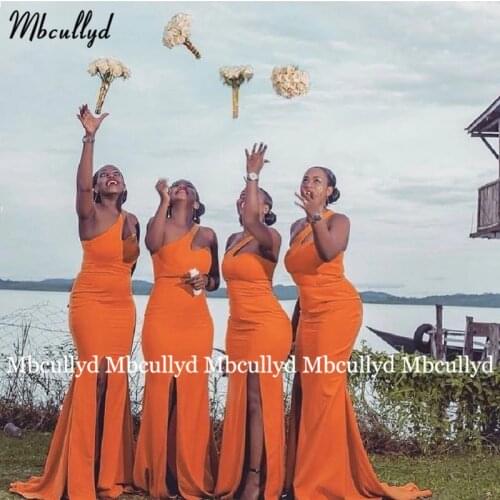 2021 Mermaid Split Bridesmaid Dresses Elegant One Shoulder Long Wedding Party Dress Formal Evening Gowns Vestidos