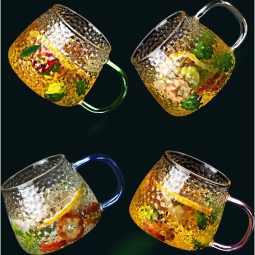 4pcs Hammer Texture Cups With Handles Drink/juice/milk/tea/water Cups 410ml Lead-free Glass Handle Color Random Delivery