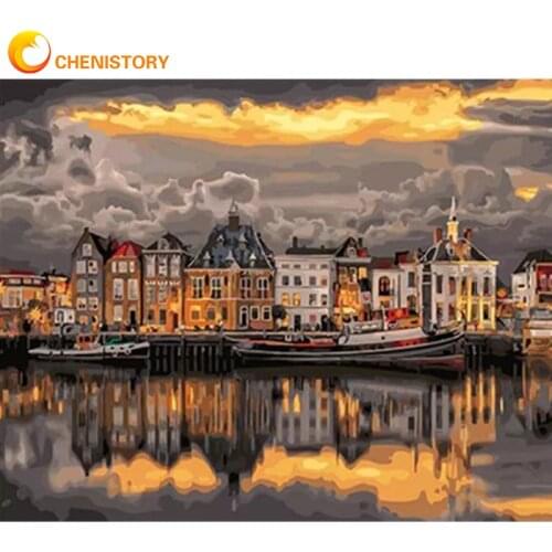 CHENISTORY Frame DIY Oil Painting By Numbers For Adults Sunset City Pictures HandPainted DIY Framed On Canvas Unique Gift