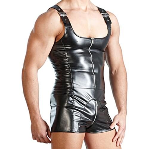 Black PU Leather Mens Exotic Parties Night Clubwear Streetwear Bodysuit Playsuit Overalls Male Open Crotch Jumpsuit Lingerie
