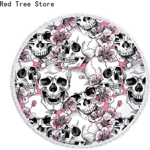 Flower Skull 3d Printed Boho Style Beach Towel Mandala Design 150cm Circle Round Blanket Cover Size for Outdoor Vacation Picnic
