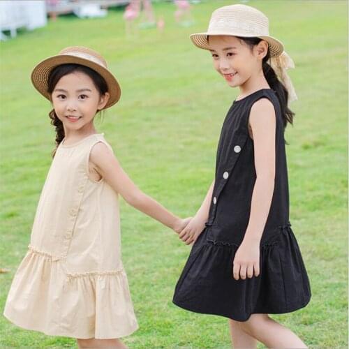 2020 Summer Kids Dresses For Girl Cotton Button Sleeveless Dresses casual Girl Dresses Age 8 10 12 14 Y Dress Teenager Clothes