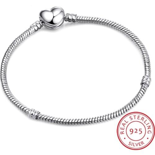Statement 925 sterling Silver Heart Shape Clasp Snake Chain Charm Bracelets For Women men Girl DIY Making Jewelry