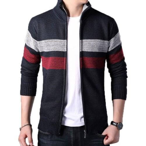 Autumn Winter Men Striped Sweater Cardigan Male Fashion Mandarin Collar Sweater Men Casual Knitted Men Fleece Sweaters 3XL